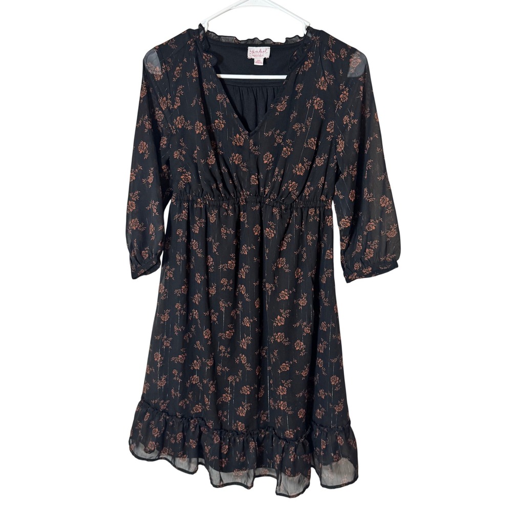 Isabel Maternity Floral‎ Metallic Pinstripe V-Neck Ruffle Dress Black XS